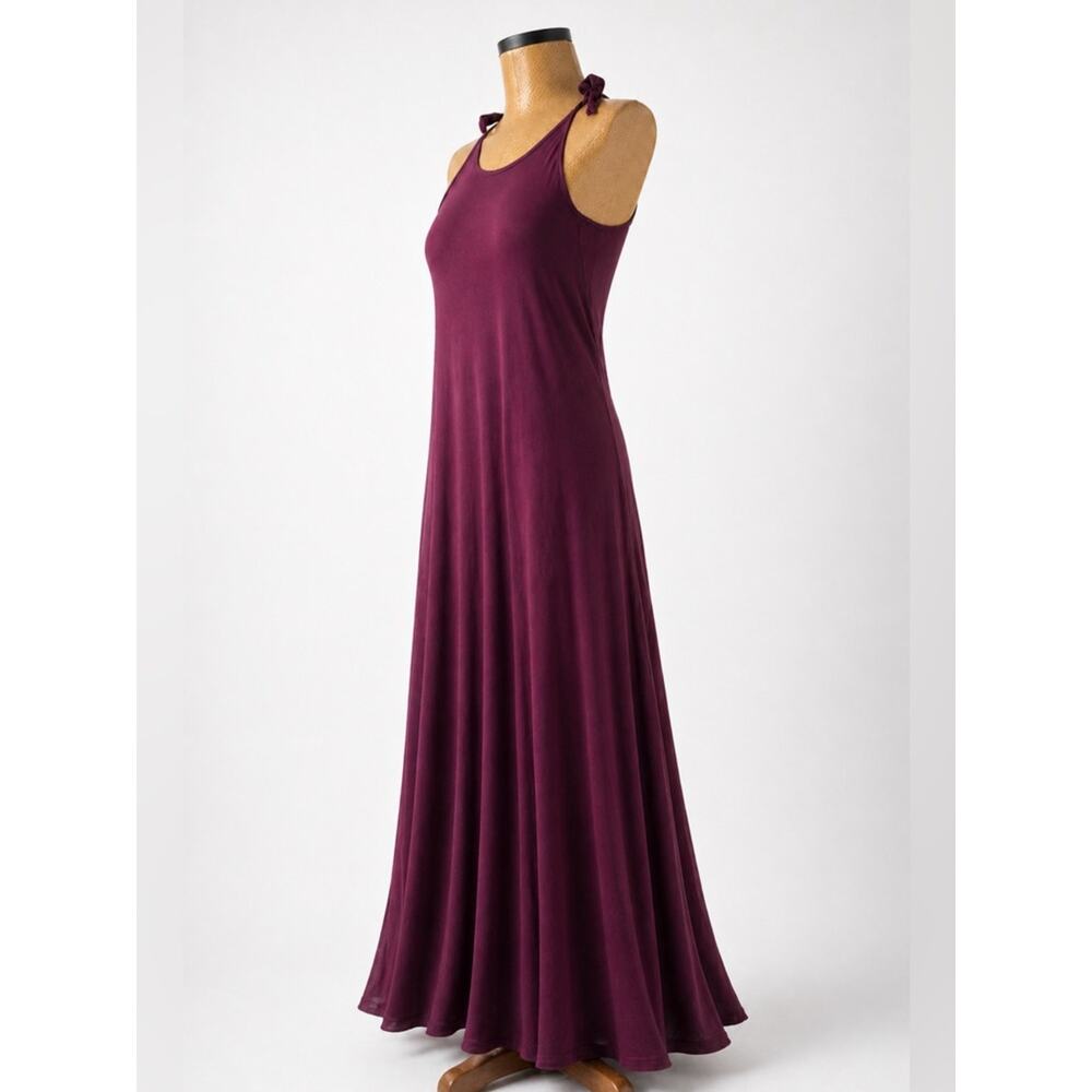 Boho Maxi Dress S/M Organic Viscose Cotton Burgundy Tie Strap Flowy Relaxed Fit - Picture 3 of 9